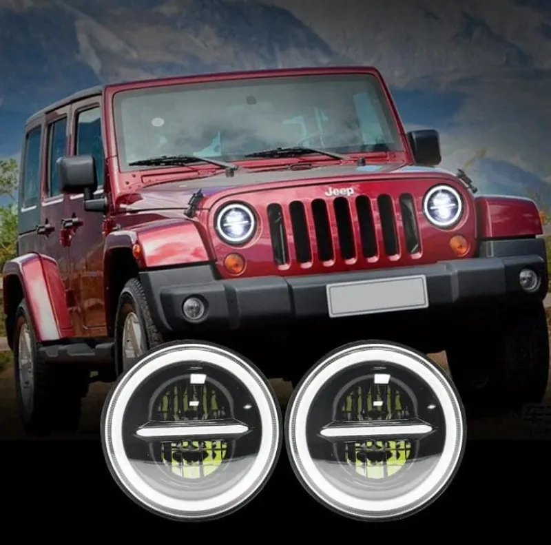 Комплект от 2бр. универсален 7 инча 18см ЛЕД LED фар лампа халоген 12V-24V къси/дълги с DRL дневни светлини мигач бяло-жълто 7500lm за АТВ джип мотоциклет камион трактор и др. - 0