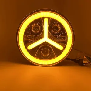 Комплект от 2бр. универсален 7 инча 18см ЛЕД LED фар лампа халоген 12V-24V къси/дълги с DRL дневни светлини мигач бяло-жълто 7000lm за АТВ джип мотоциклет камион трактор и др.