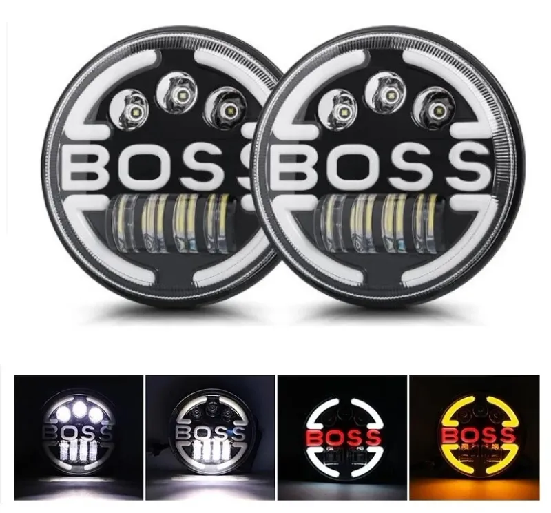 Комплект от 2бр. универсален 7 инча 18см ЛЕД LED фар лампа халоген 12V-24V къси/дълги с DRL дневни светлини мигач бяло-жълто 6500lm за АТВ джип мотоциклет камион трактор и др - 0