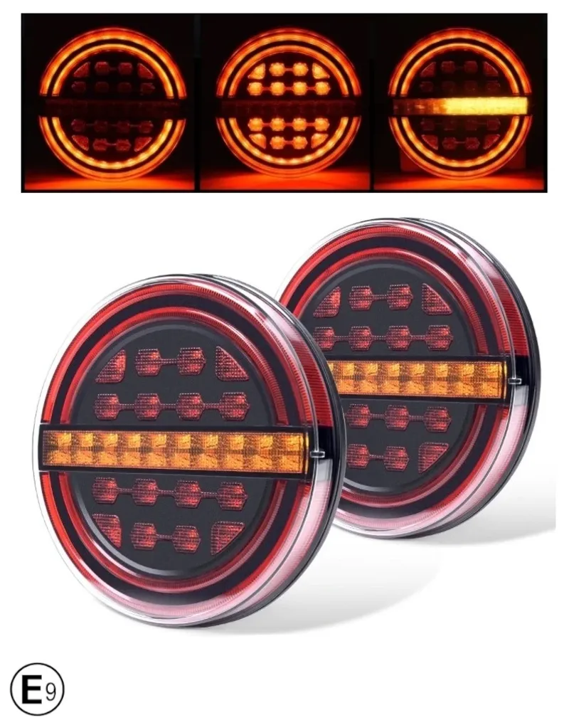 Комплект LED Светодиодни Стопове с Динамичен Бягащ Мигач, Неон Ефект, Кръгли, Тип Хамбургер , Ø13.9см , 3 Функции, Е-Мark, Е9, 12V-24V - 0