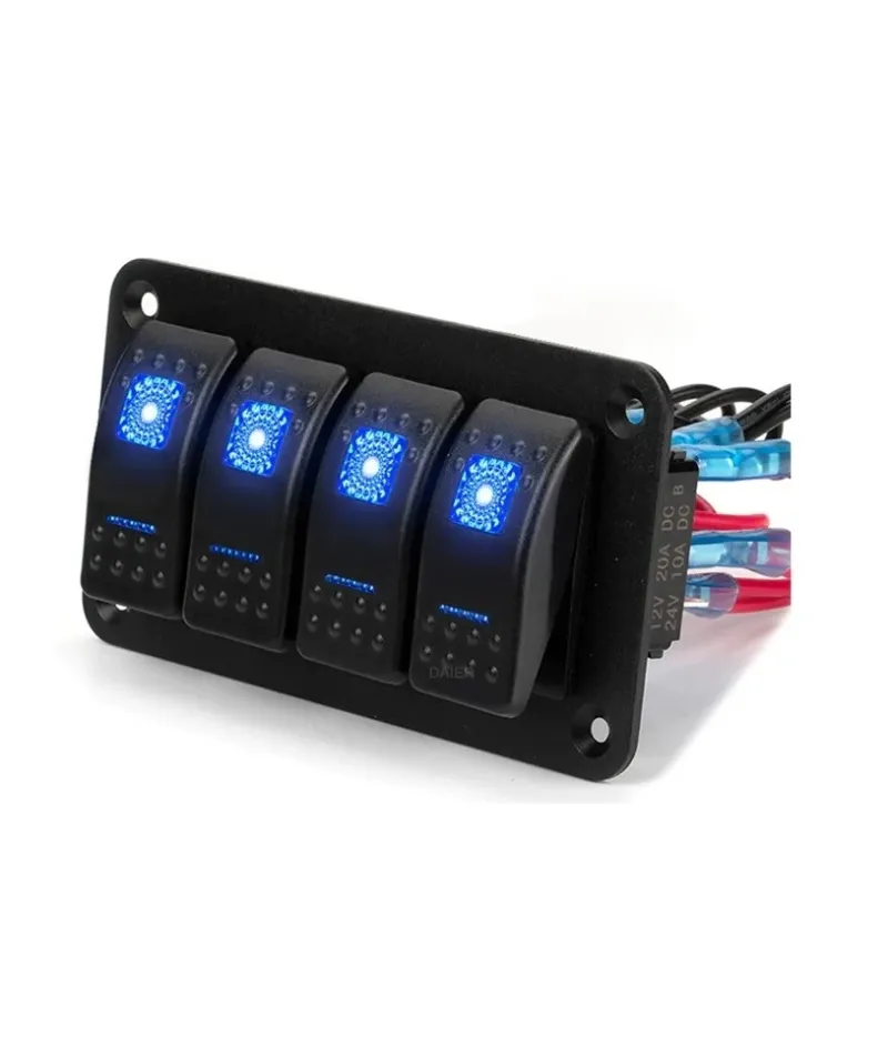 Панел за вграждане с 4 бутона ON-OFF универсални 12-24V за LED светлини бар фарове лебедки лампи за кола камион каравана джипове лодка и др. - 0