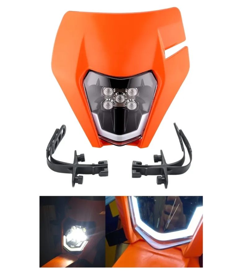 Маска с LED Фар за мотор, мотоциклет Оранжева с къси и дълги светлини - Универсален модел за ENDURO / Trail / Streetfighter - 0