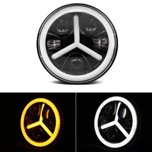 Универсален 7 инча 18см ЛЕД LED фар лампа халоген 12V-24V къси/дълги с DRL дневни светлини мигач бяло-жълто 7000lm за АТВ джип мотоциклет камион трактор и др.