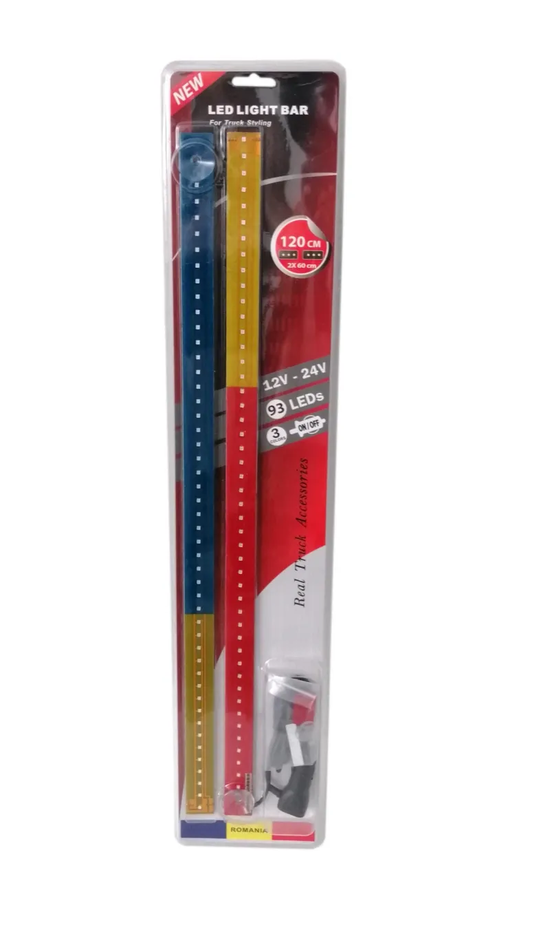 Светещ лед бар 120 cm (2 х 60 cm) 93 LED 12V - 24V синьо-жълто-червено RO Romania флаг знаме Румъния - 0