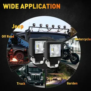 Комплект от 4 броя Лед LED Халогени Лампи с окабеляване Бяла Flood + Оранжева DRL Светлина 12V - 24V за Off Road 4X4 SUV джип мотор автомобил камион градина и др.
