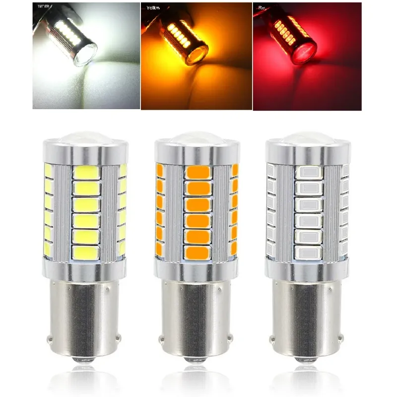 LED Лед Крушки, 33 SMD, С Лупа, BA15S 1156 (P21W), BAU15S 1156 (PY21W), 12V, Бяла, Оранжева, Червена Светлина - 0