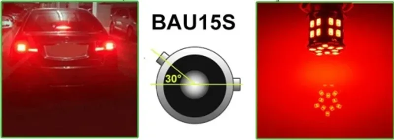 LED Лед Крушки, 30 SMD, Асиметрични, Разминати пинове (150°) , Offset, 1156, BAU15S, 12V, Червена Светлина - 0