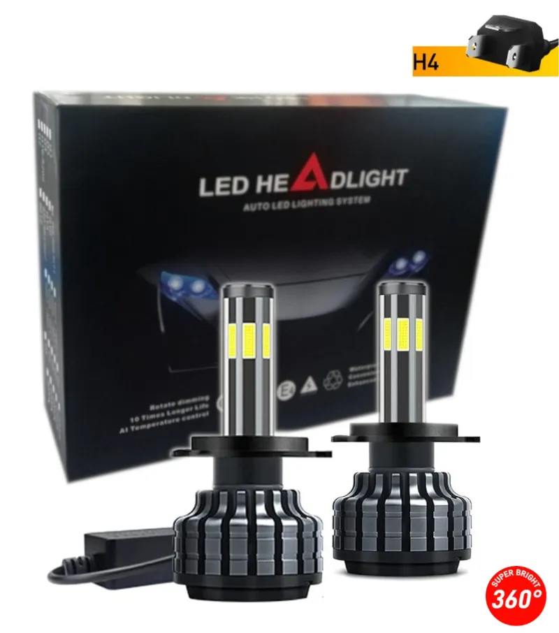 Комплект 360° градуса COB LED ЛЕД Диодни Крушки H4 Х4 12V 80W 16000lm За Фарове Canbus без Грешки къси/дълги - 0