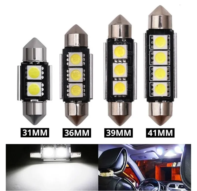 LED Лед Диодни Крушки, 2/3/4 SMD 5050 , 31мм, 36мм, 39мм, 41мм, 12V, Бяла Светлина, Canbus, Error Free, Bez Грешки - 0
