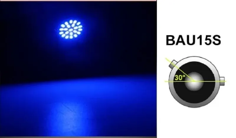 LED Лед Крушки, 22 SMD, BA15S 1156 (P21W), Асиметрични, Разминати пинове (150°) , Offset, 12V, Синя Светлина - 0