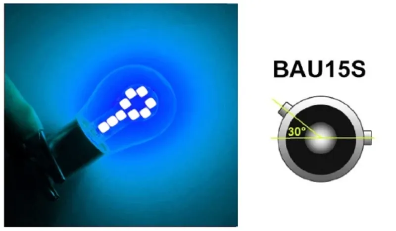 LED Лед Крушки, 18 SMD, Асиметрични, Разминати пинове (150°) , Offset, 1156, BAU15S, 12V, Синя Светлина - 0