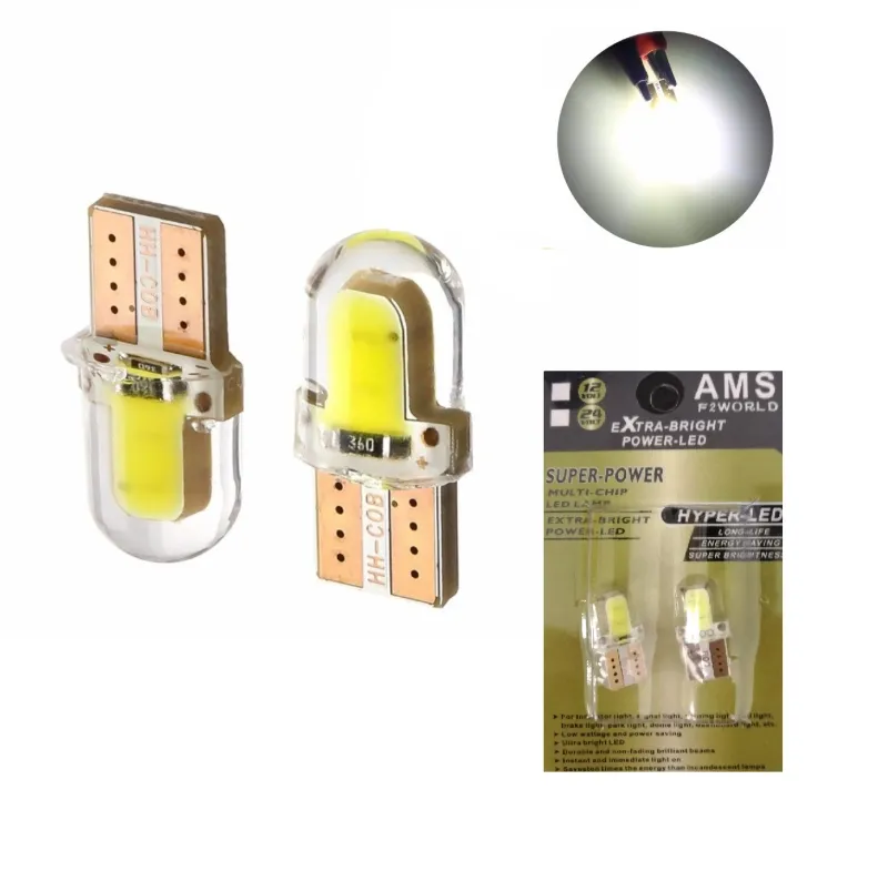 Комплект от 2 броя LED Лед Диодни Крушки За Габарит Силикон COB Т10 W5W 300lm 12V Бели в блистер - 0