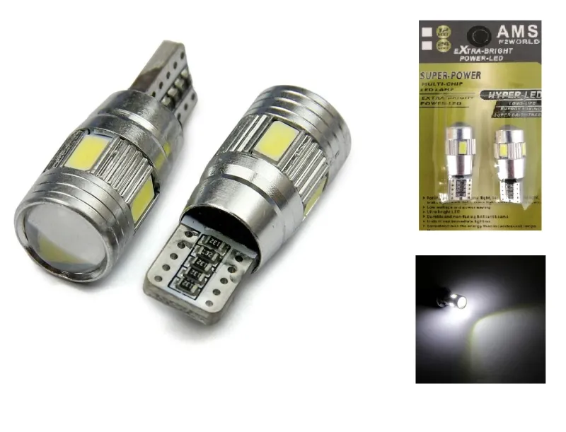Комплект от 2 броя Лед Крушки За Габарит Т10 W5W LED 6 SMD, Canbus 12V, Бяла Светлина в блистер - 0