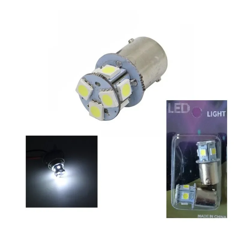 Комплект от 2 броя LED Лед Крушки 8 SMD BA15S 1156 (P21W) 24V Бяла Светлина Срещуположни пинове (180°) в Блистер - 0
