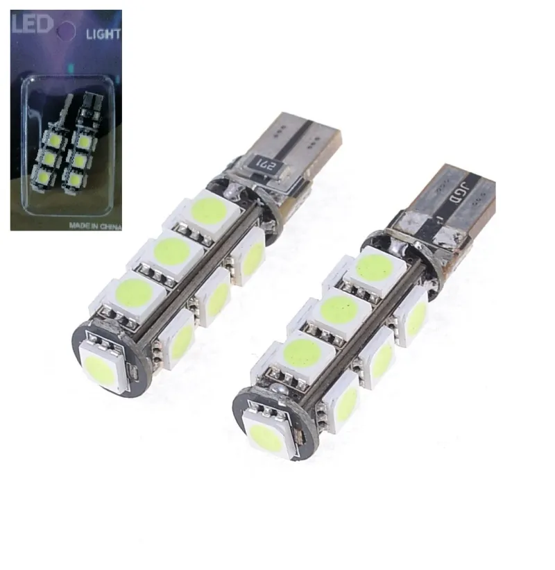 Комплект от 2 броя LED Лед Диодни Крушки За Габарит Т10 W5W 13 SMD 12V Бял Цвят Светлина Canbus - Error free Без грешки в Блистер - 0