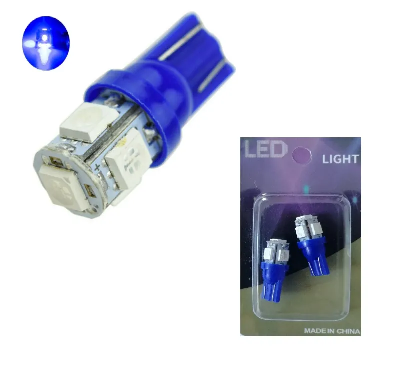 Комплект от 2 броя LED Лед Диодни Крушки За Габарит Т10 W5W 5 SMD 12V Синя Светлина в Блистер - 0