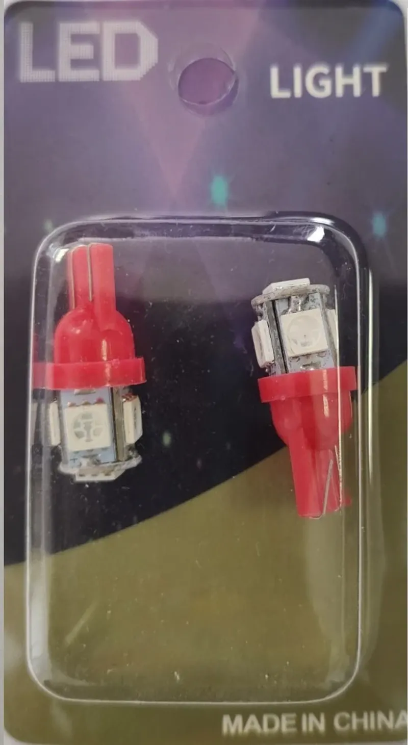 Комплект от 2 броя LED Лед Диодни Крушки За Габарит Т10 W5W 5 SMD 12V Червена светлина в блистер - 0