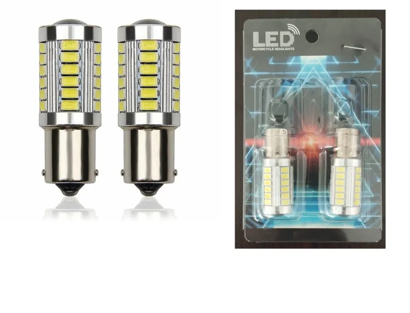 Комплект от 2бр. LED Лед Крушки, 33 SMD, С Лупа, BAU15S 1156 (P21W), 12V, Бяла, Светлина Разминати пинове (150°) - 0