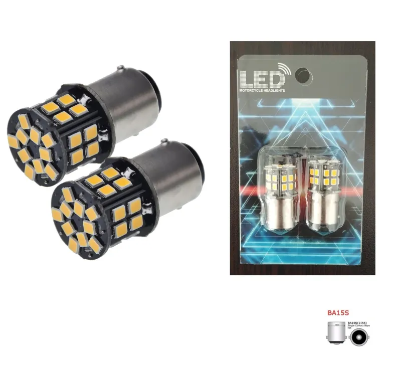 Комплект 2бр. LED Лед Крушки, 30 SMD, BA15S 1156 (PY21W), 12V, оранжева светлина canbus, срещуположни пинове (180°) - 0