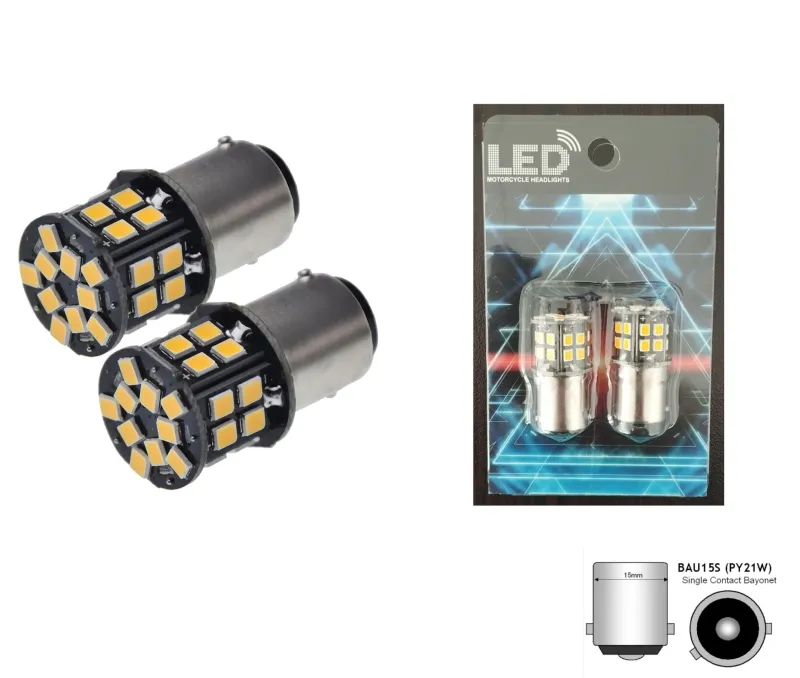 Комплект 2бр. LED Лед Крушки, 30 SMD, BAU15S 1156 (PY21W), 12V, оранжева светлина canbus, разминати пинове (150°) - 0