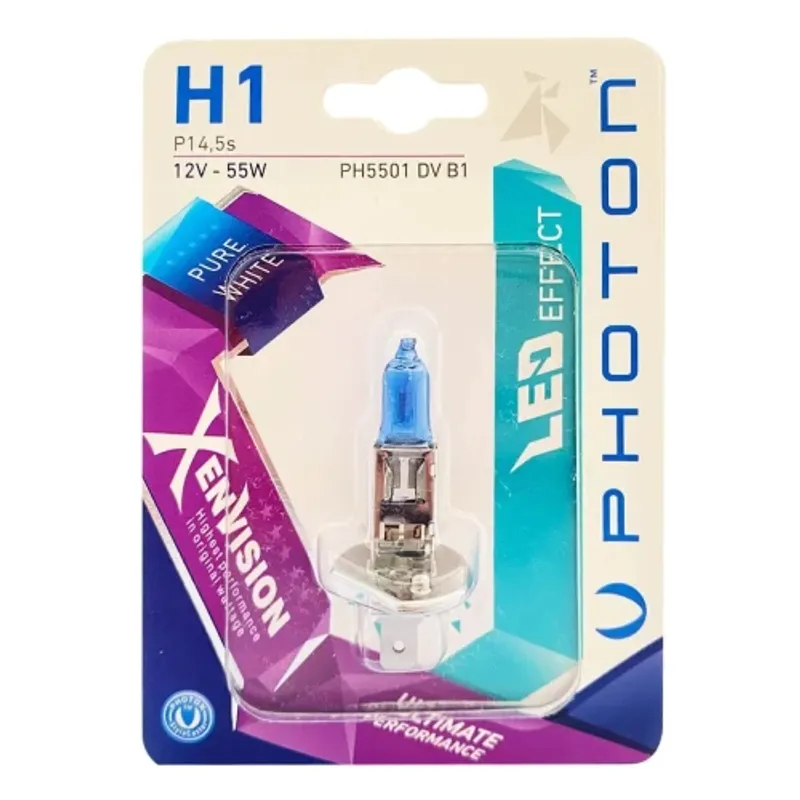 1 брой халогенна крушка H1 Х1 12V 55W P14,5s бяла светлина Xen Vision в блистер Photon - 0