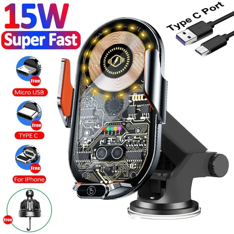 Smart Поставка стойка държач за телефон с безжично зарядно Wireless Charger за автомобил - 0