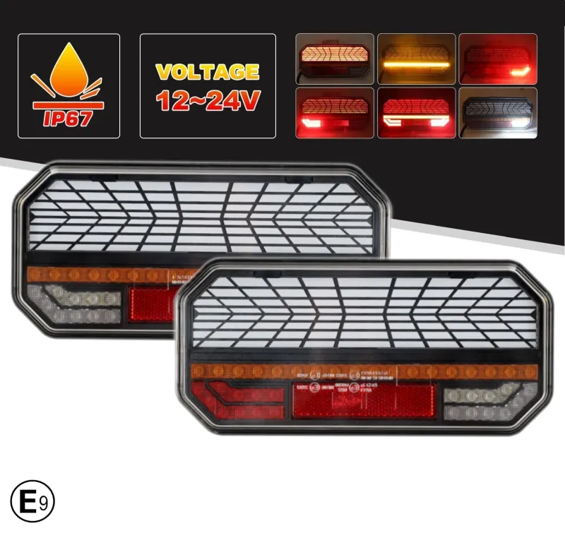 Комплект Ляв + Десен Мултифункционални Диодни LED Лед Стопове с Бягащ Мигач Неон Neon Ефект 12V - 24V 235mm X 110mm X 30mm E9 За Бус Камион Тир Ремарке Караванa - 0