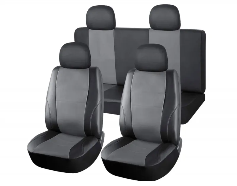 Пълен Комплект Калъфи Тапицерия За Автомобил За Предни и Задни Седалки Еко Кожа Сиво Черно 8 Части - 0