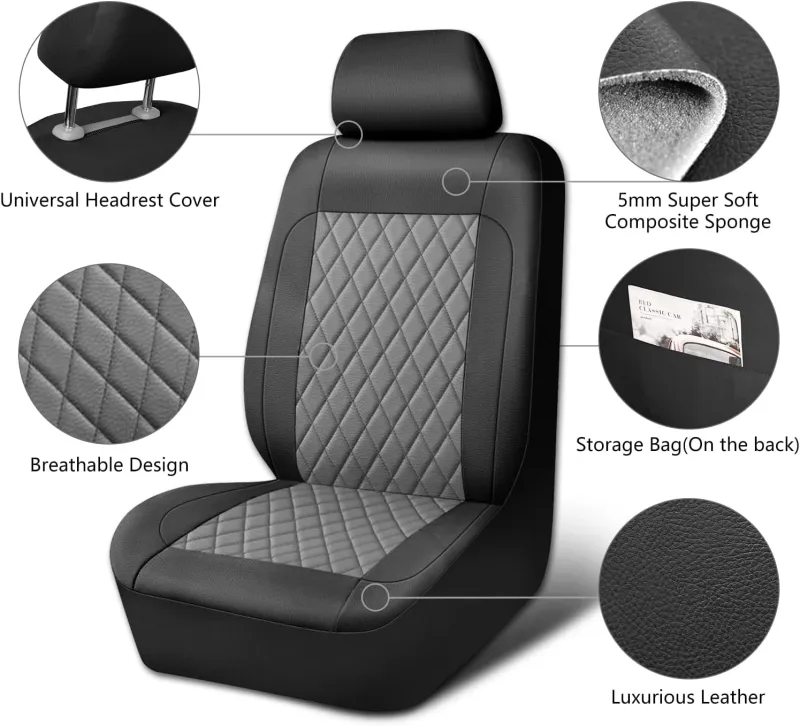 Комплект Калъфи/тапицерия за автомобил за предни и задни седалки, Еко кожа, Черно и Сиво - 0