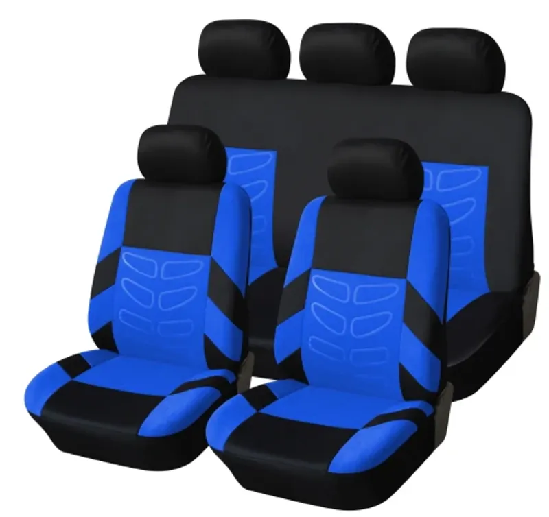Универсална Авто тапицерия Kалъфи За Седалки Пълен Комплект 9 Части Синьо Черно - 0