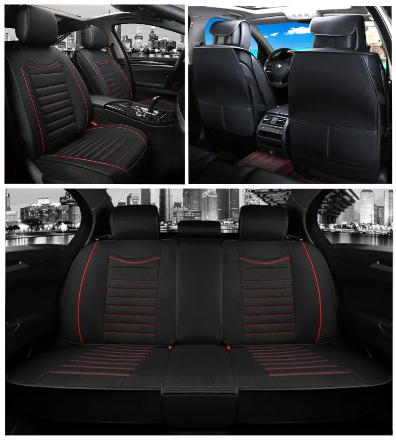Пълен Комплект Луксозна Авто Тапицерия Калъфи За Седалки Текстил Черна С Червен Шев - 0