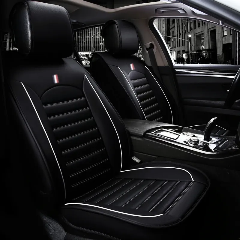 1+1 Универсална Кожена Тапицерия Калъфи за Предни Седалки Черно с Бял Кант - 0