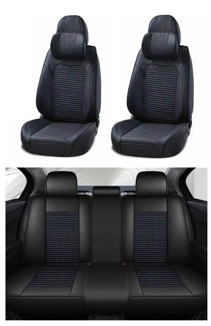 Пълен Комплект Универсална Тапицерия, Калъфи За Автомобилни Седалки Лукс Еко Кожа и Висококачествен Текстил в Черно - 0