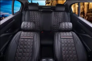 Пълен Комплект Универсална Тапицерия, Калъфи За Автомобилни Седалки Лукс Еко Кожа в Черно с червен конец шев