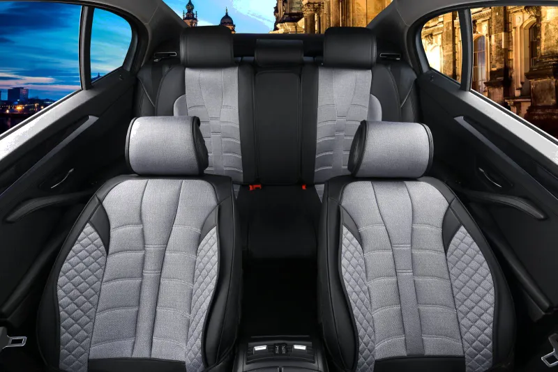 Пълен Комплект Универсална Тапицерия, Калъфи За Автомобилни Седалки Лукс Еко Кожа и Текстил Сиво и Черно TAP892 - 0