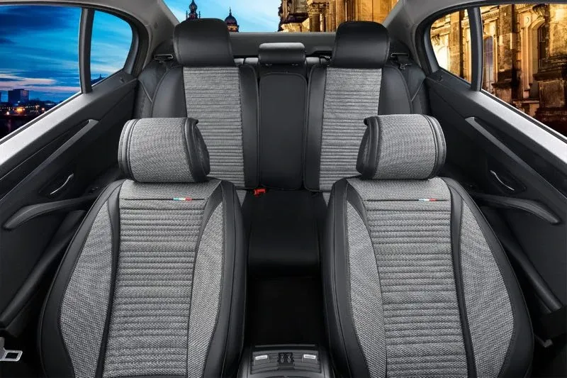 Пълен Комплект Универсална Тапицерия, Калъфи За Автомобилни Седалки Лукс Еко Кожа и Текстил Сиво с Черно TAP895 - 0