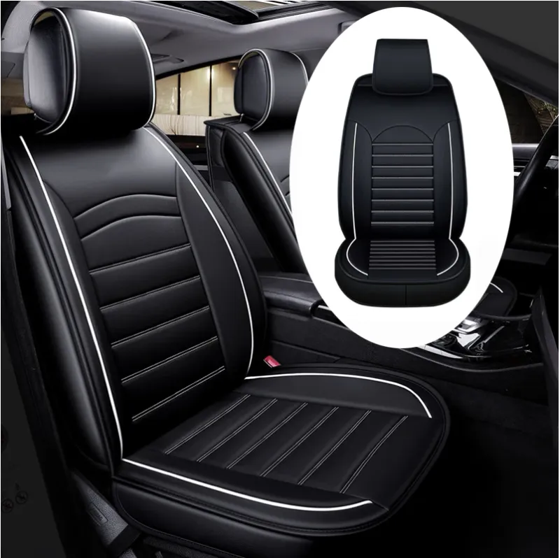 1 Брой Универсална Кожена Тапицерия, Калъф За Една Предна Седалка, Еко Кожа, Черна с Бял Кант и Шевове - 0