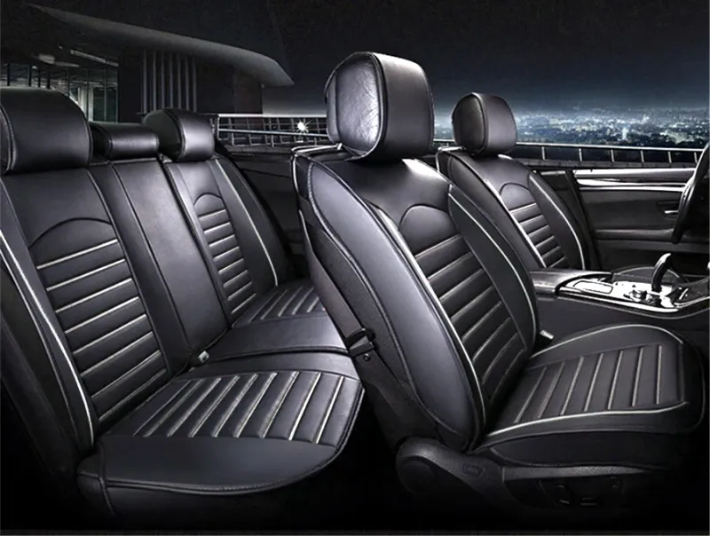 Пълен Kомплект Универсална Кожена Тапицерия, Калъфи За Предни и Задна Седалки, Еко Кожа, Черна с Бял Кант и Шевове - 0