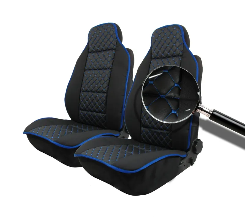 Комплект Универсална Тапицерия Тип Масажор 1+1 за Предни Седалки Лукс Черна със Син шев, Еко Кожа - 0