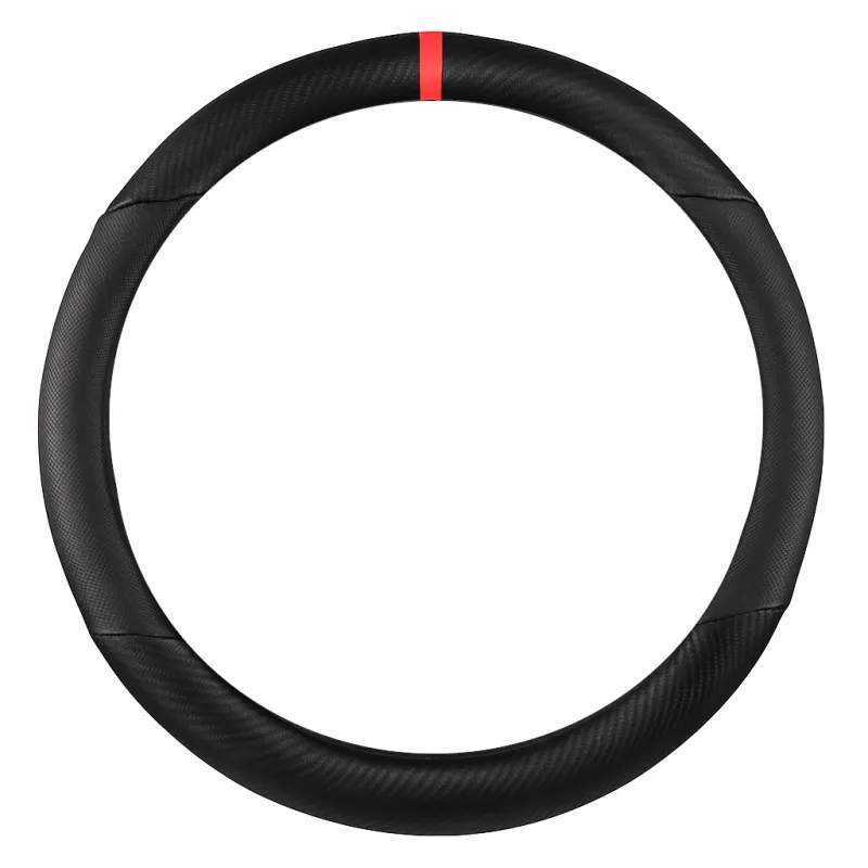 Универсален кожен калъф за волан с карбонов дизайн – Черен с червена лента 37–38 см - 0