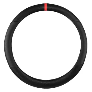 Универсален кожен калъф за волан с карбонов дизайн – Черен с червена лента 37–38 см