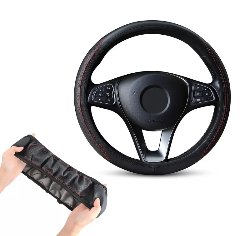 Универсален кожен калъф за волан – Черен с Червени Шевове 37–38 см - 0