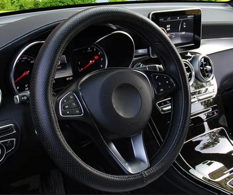 Универсален Перфориран Дишащ Калъф За Волан, Черен цвят, Еко Кожа, За Автомобил Бус Джип SUV - 0